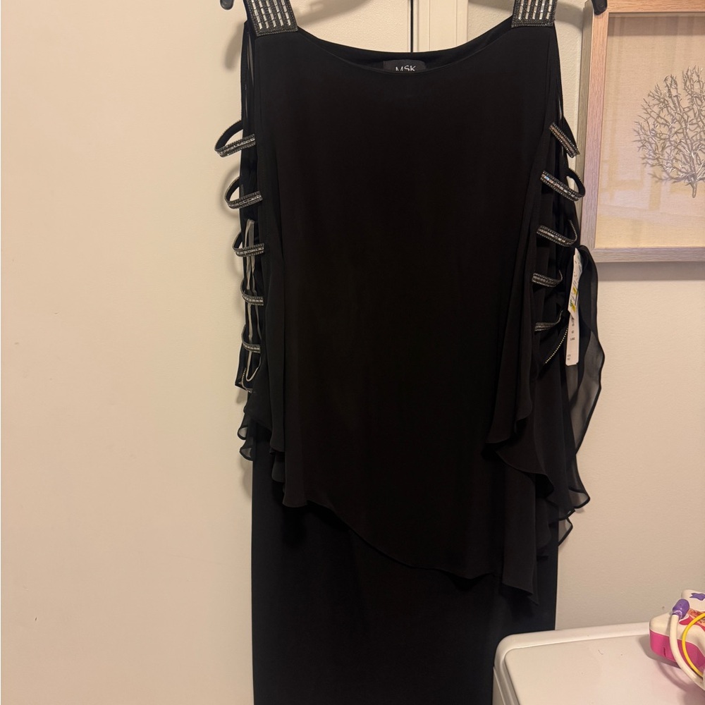 MSK Evening Cold Shoulder sequence Black Dress with Shawl Details XL NWT